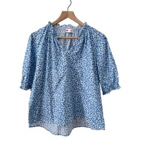 Caryn Lawn Top ML Blue White Cotton Pebble Print Ruffle V-Neck Puff Sleeve